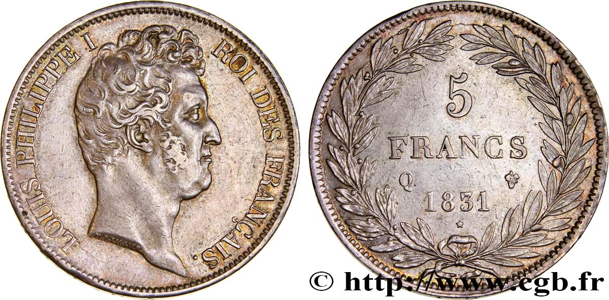 5 francs type Tiolier avec le I, tranche en creux 1831 Perpignan F.315/25 AU52 