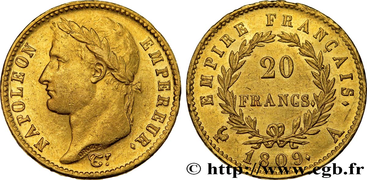 20 francs or Napoléon tête laurée, Empire français 1809 Paris F.516/1 MS62 