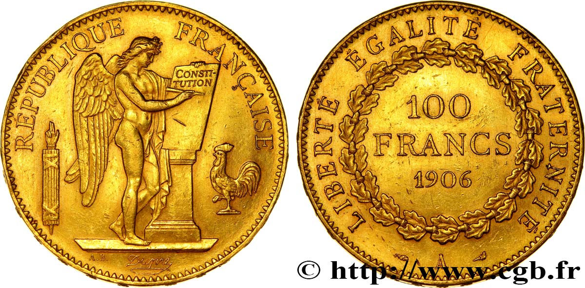 100 francs or Génie, tranche inscrite en relief Dieu protège la France 1906 Paris F.552/19 TTB52 