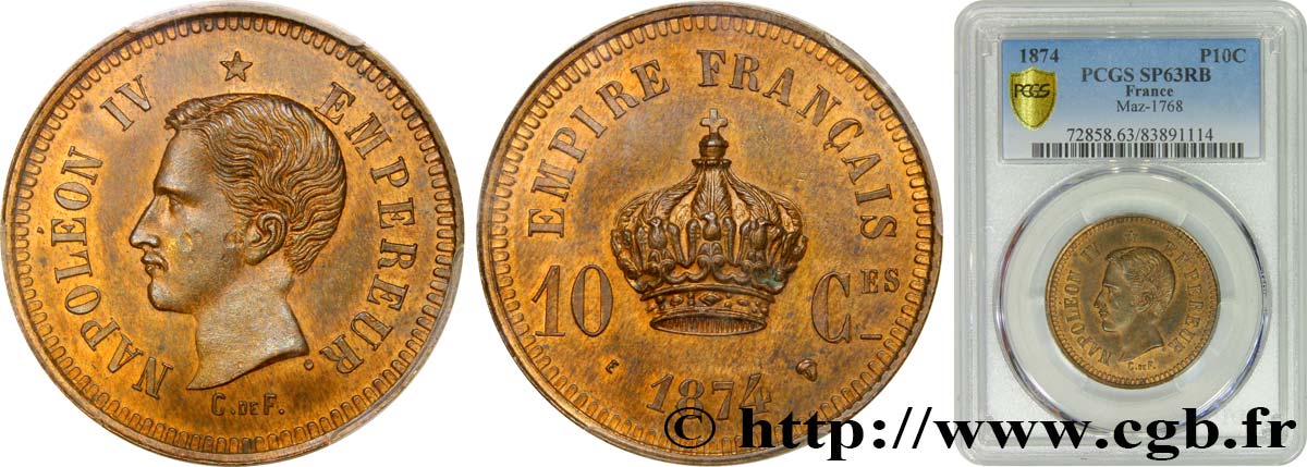 Essai de 10 centimes 1874 Bruxelles GEM.23 1 fST63 PCGS