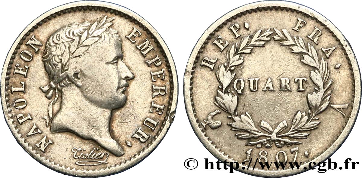 Quart (de franc) Napoléon Ier tête laurée, République française 1807 Paris F.161/1 TB35 