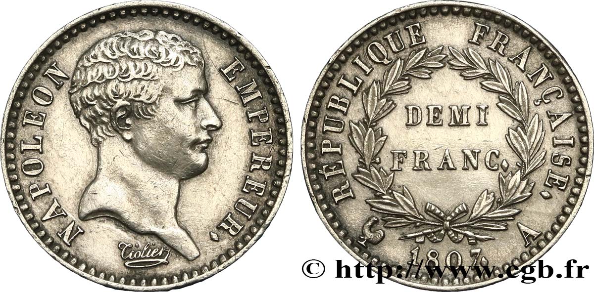 Demi-franc Napoléon Empereur, tête de nègre 1807 Paris F.176/1 TTB+ 
