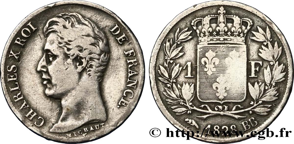 1 franc Charles X, matrice du revers à quatre feuilles 1828 Strasbourg F.207A/5 TB20 
