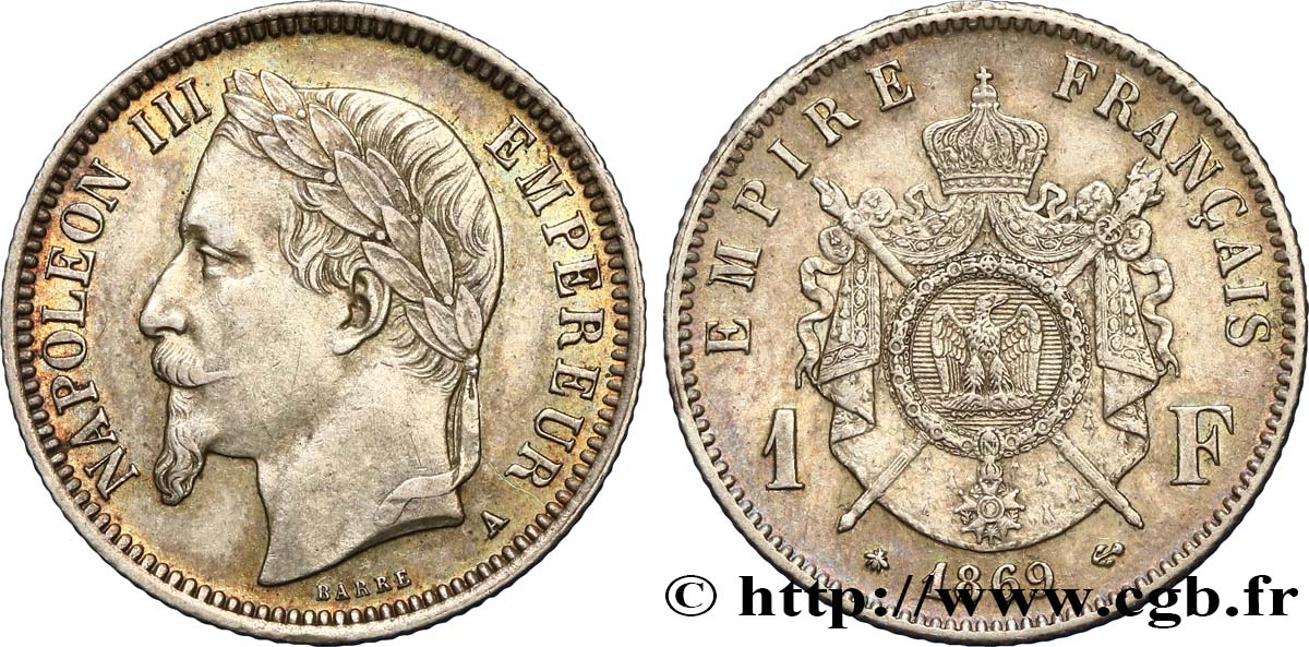 1 franc Napoléon III, tête laurée 1869 Paris F.215/14 AU50 