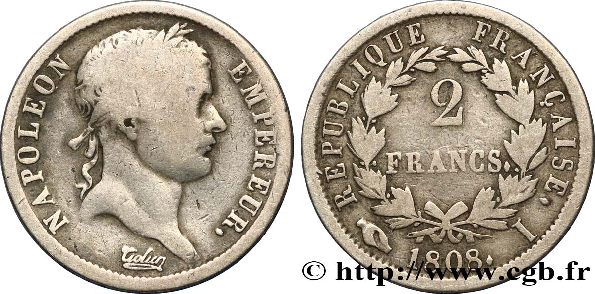 2 francs Napoléon Ier tête laurée, République française 1808 Limoges F.254/6 B12 