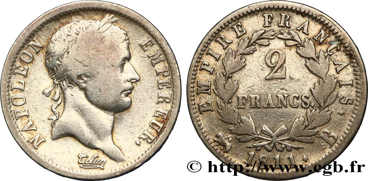 2 francs Napoléon Ier tête laurée, Empire français 1811 Rouen F.255/25 TB25 