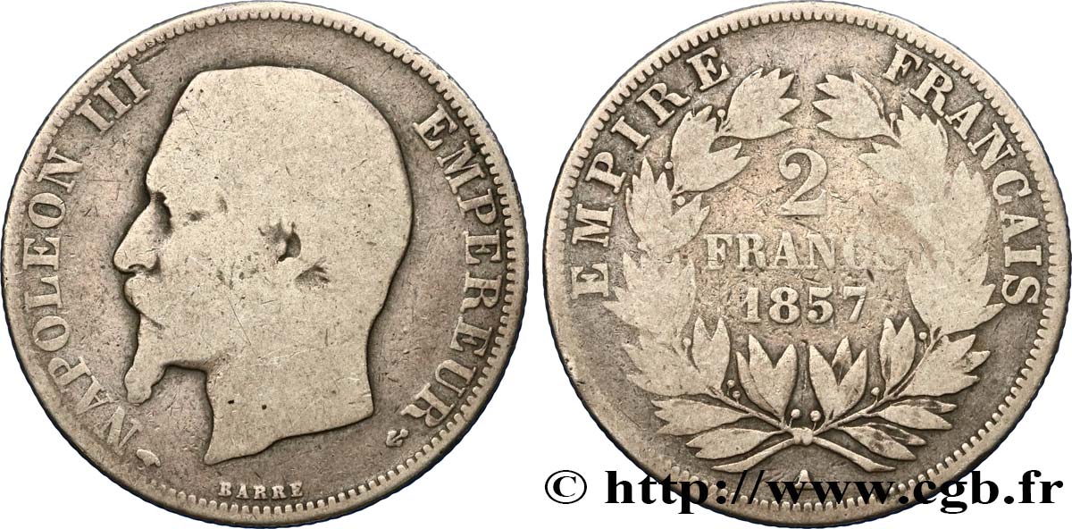 2 francs Napoléon III, tête nue 1857 Paris F.262/9 VG10 