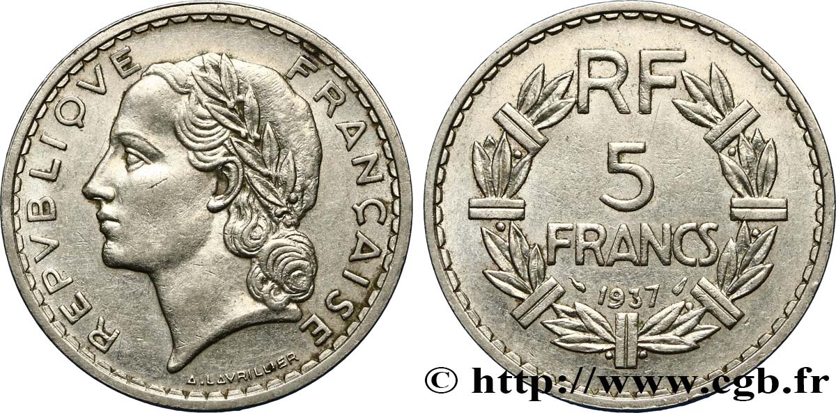 5 francs Lavrillier, nickel 1937  F.336/6 AU50 