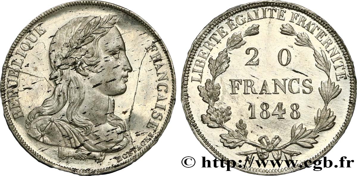 Concours de 20 francs, essai de Montagny, buste habillé 1848 Paris VG.3033 var SUP/TTB 