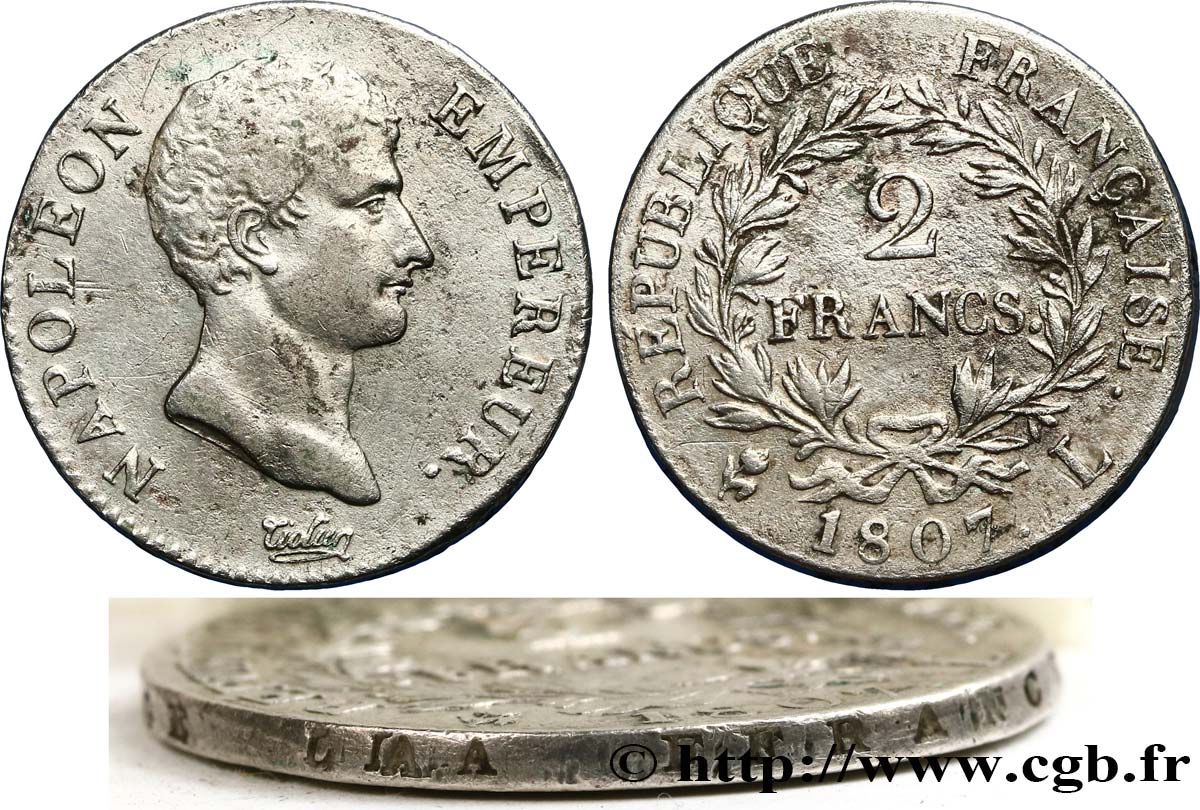 2 francs Napoléon Empereur, Calendrier grégorien, Tranche Fautée 1807 Bayonne F.252/11 VF 
