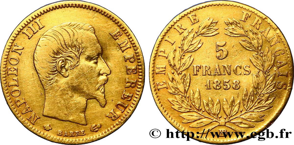 5 francs or Napoléon III, tête nue, grand module 1858 Strasbourg F.501/6 TB25 