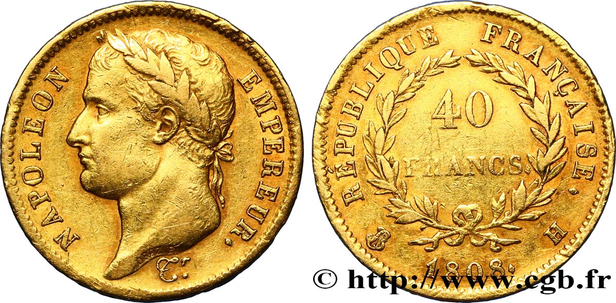 40 francs or Napoléon tête laurée, République française 1808 La Rochelle F.540/3 XF42 