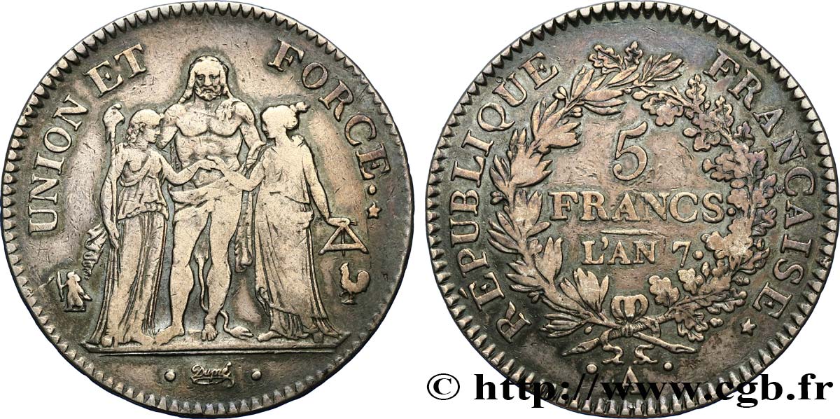 5 francs Union et Force, Union serré, avec glands intérieurs et gland extérieur 1799 Paris F.288/95 XF40 