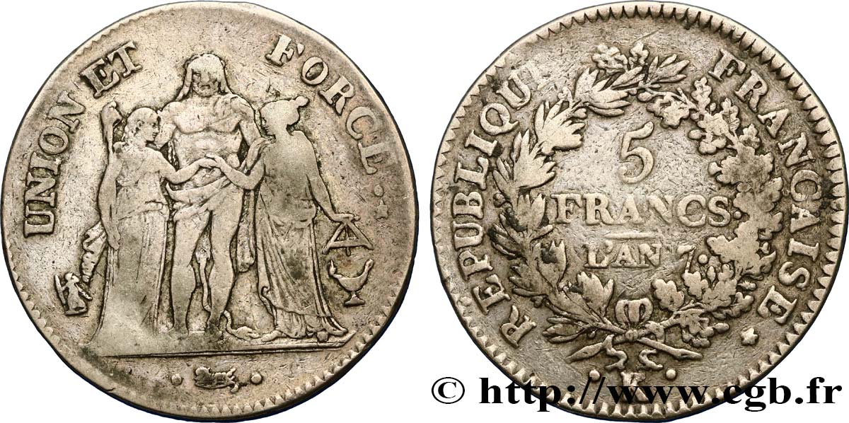 5 francs Union et Force, Union serré, avec glands intérieurs et gland extérieur 1799 Bordeaux F.288/108 S35 
