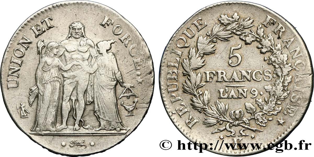 5 francs Union et Force, Union serré, avec glands intérieurs et gland extérieur 1801 Bordeaux F.288/159 BC38 