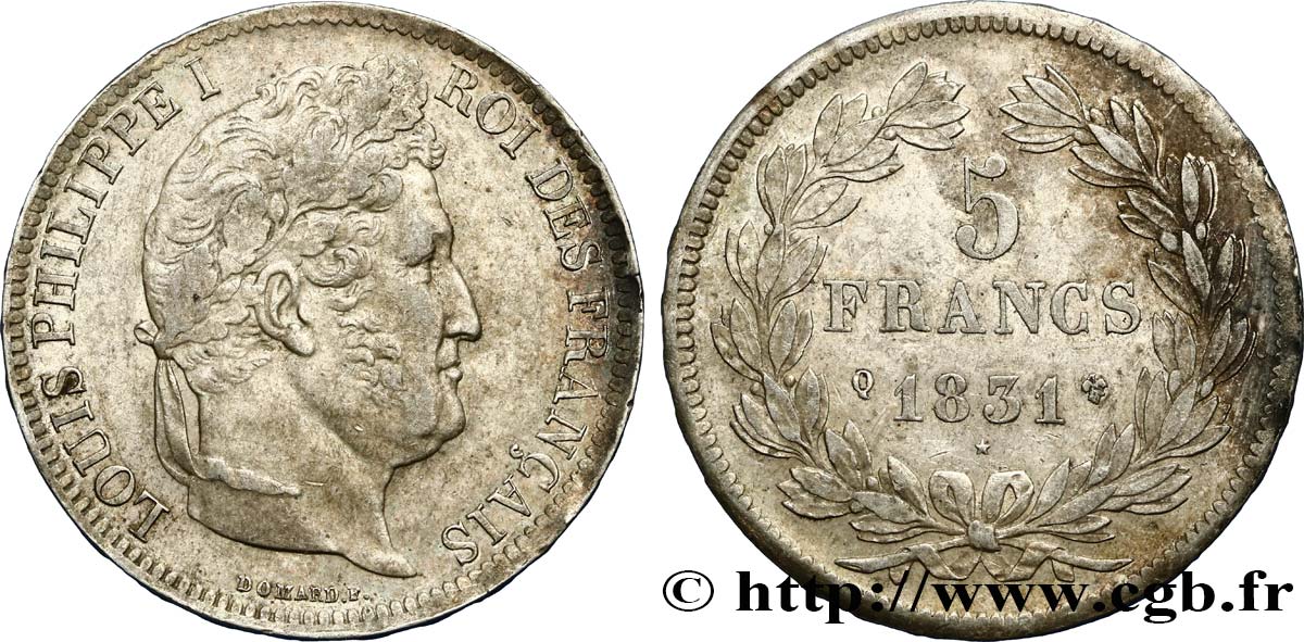 5 francs Ier type Domard, tranche en relief 1831 Perpignan F.320/11 TTB50 
