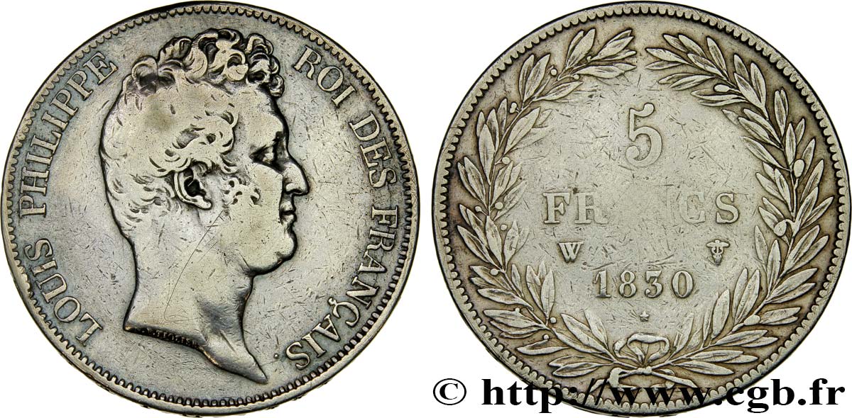 5 francs type Tiolier sans le I, tranche en creux 1830 Lille F.313/4 S 