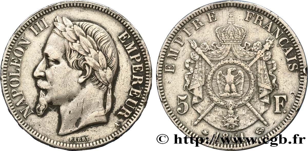 5 francs Napoléon III, tête laurée, petit A 1861 Paris F.331/1 VF35 