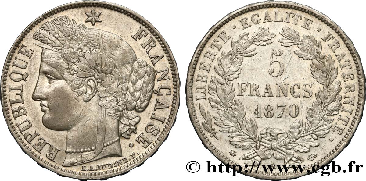 5 francs Cérès, avec légende 1870 Paris F.333/1 AU52 
