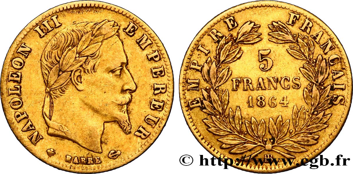 5 francs or Napoléon III, tête laurée 1864 Strasbourg F.502/6 TTB45 