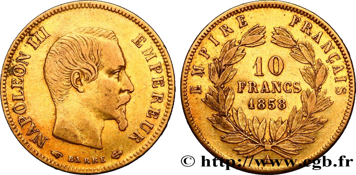 10 francs or Napoléon III, tête nue 1858 Paris F.506/5 TB35 