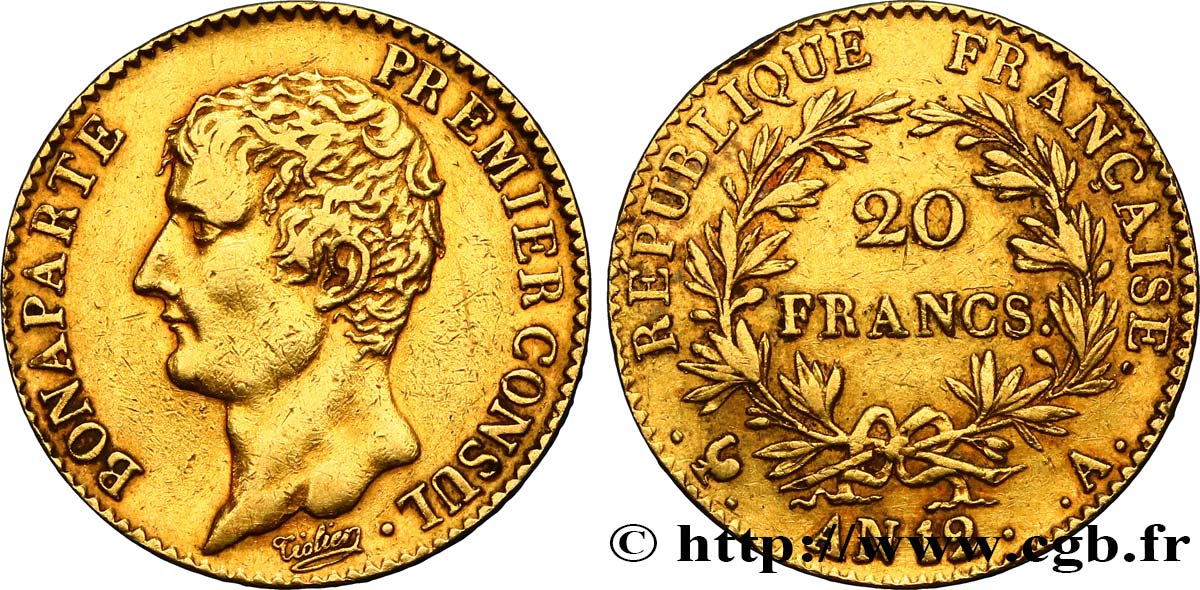 20 francs or Bonaparte Premier Consul 1804 Paris F.510/2 XF40 
