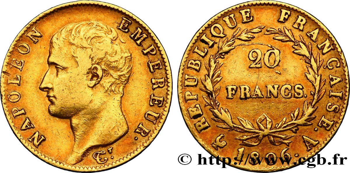 20 francs or Napoléon tête nue, Calendrier grégorien 1806 Paris F.513/1 XF40 