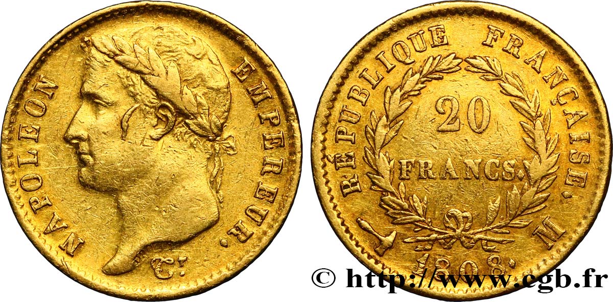 20 francs Napoléon tête laurée, République française 1808 Toulouse F.515/5 TTB40 