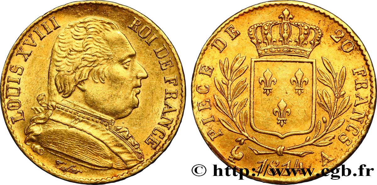 20 francs or Louis XVIII, buste habillé 1814 Paris F.517/2 TTB52 