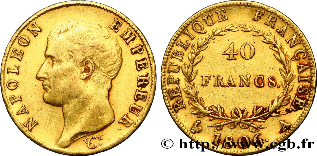 40 francs or Napoléon tête nue, Calendrier grégorien 1806 Paris F.538/1 TTB40 