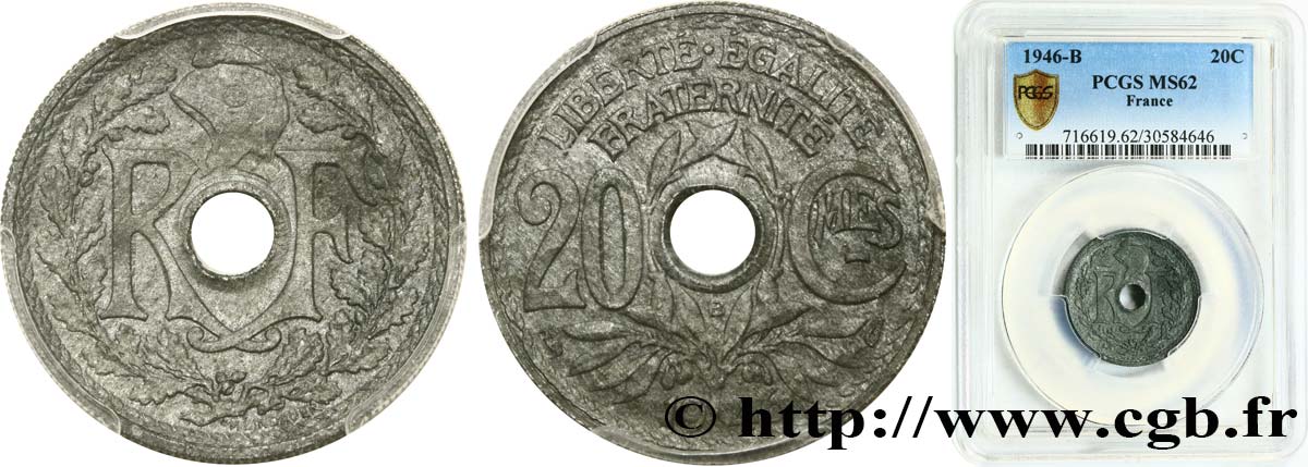 20 centimes Lindauer 1946 Beaumont-Le-Roger F.155/6 MS62 PCGS
