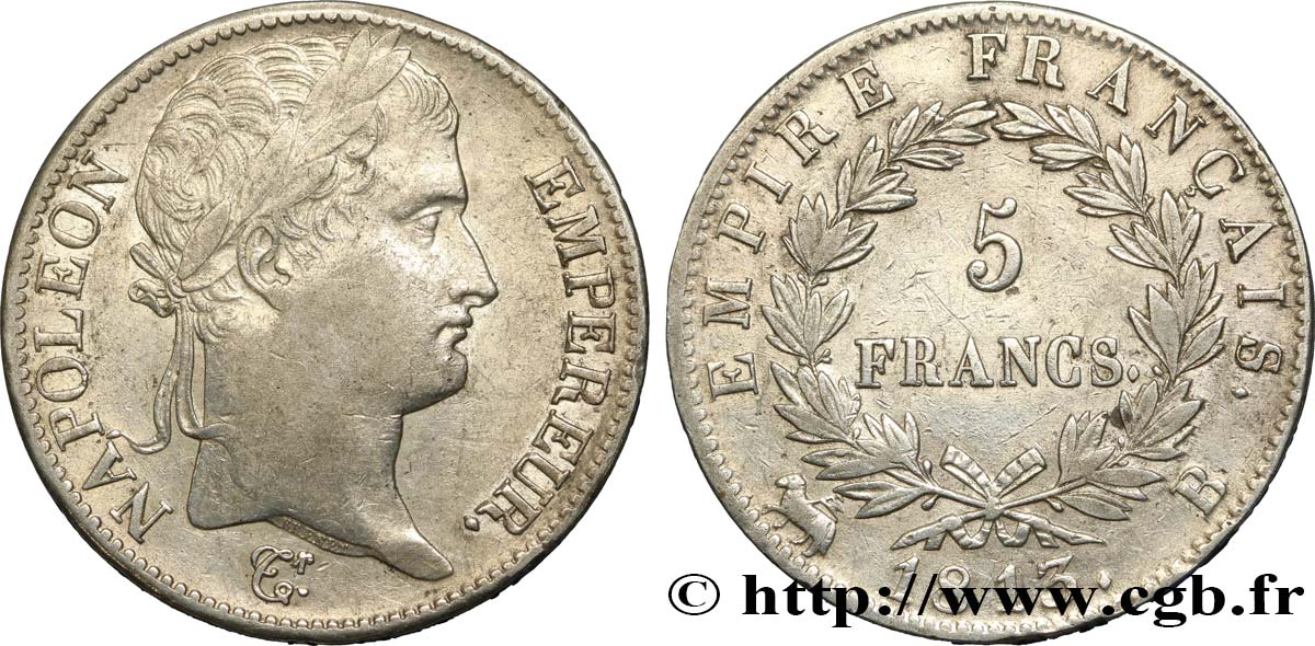 5 francs Napoléon Empereur, Empire français 1813 Rouen F.307/59 XF45 