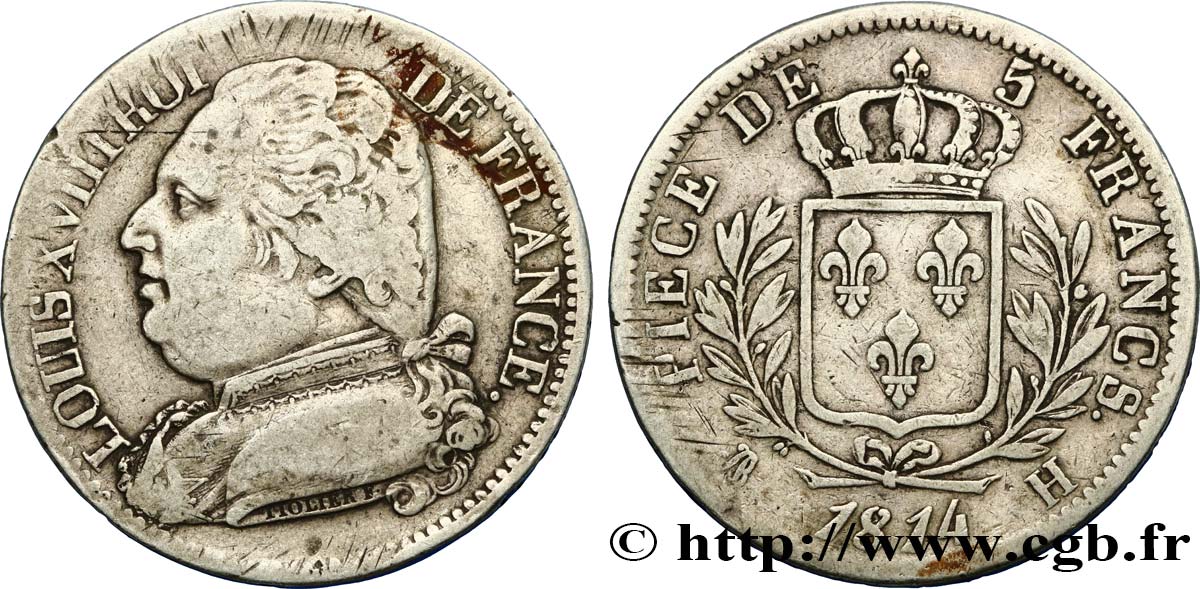 5 francs Louis XVIII, buste habillé 1814 La Rochelle F.308/5 TB22 