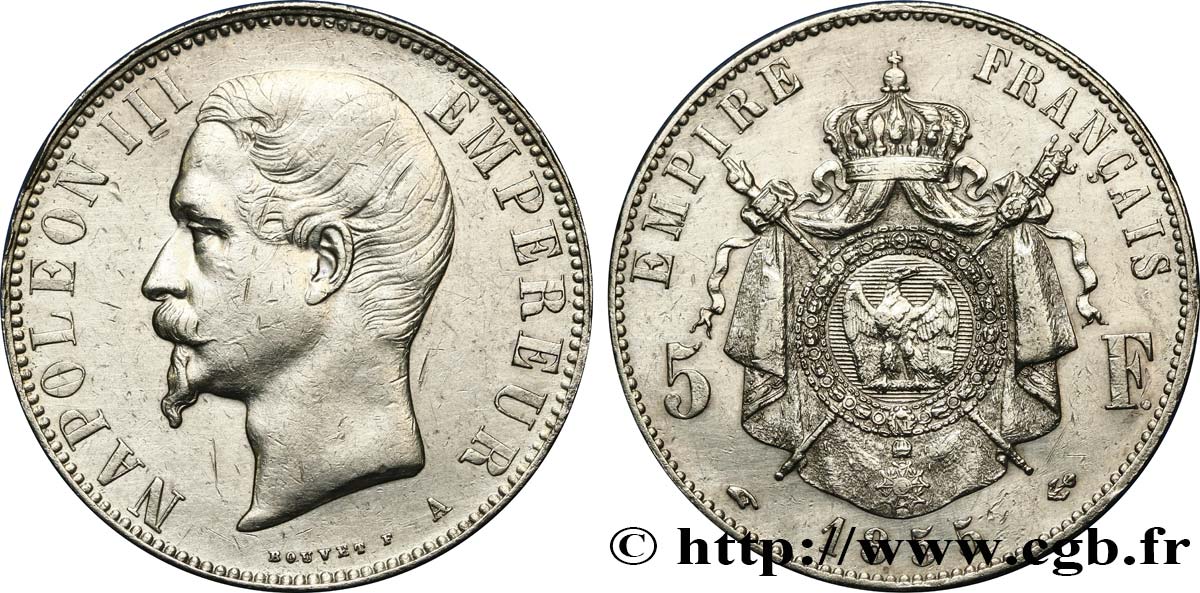 5 francs Napoléon III, tête nue 1855 Paris F.330/3 TTB+ 