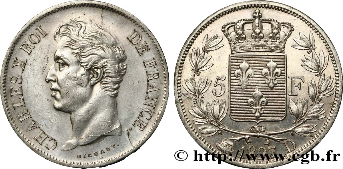 5 francs Charles X, 2e type 1827 Lyon F.311/4 XF48 