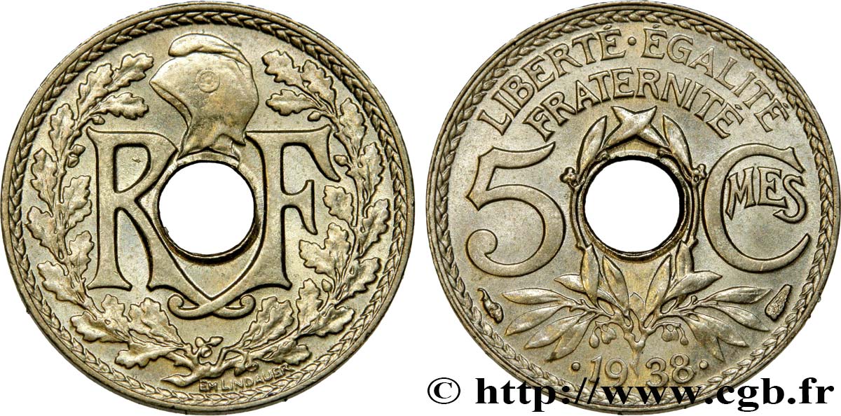 5 centimes Lindauer, maillechort 1938 Paris F.123A/2 SC63 