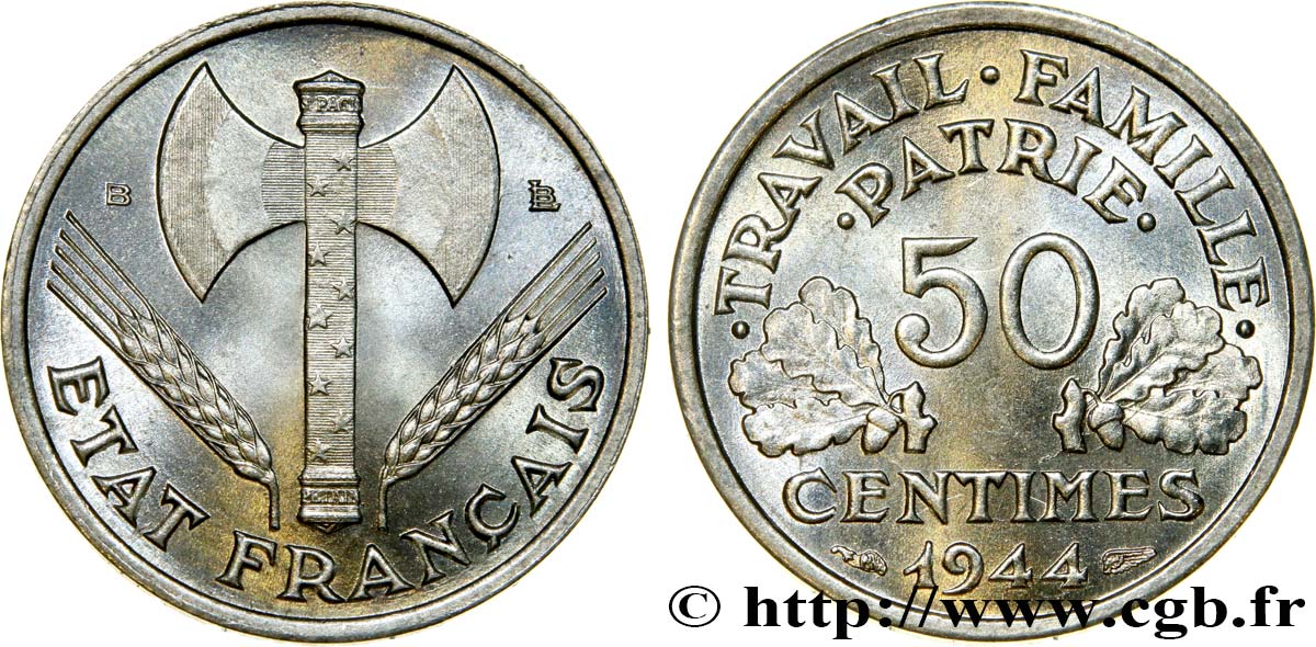 50 centimes Francisque, légère 1944 Beaumont-Le-Roger F.196/5 FDC65 