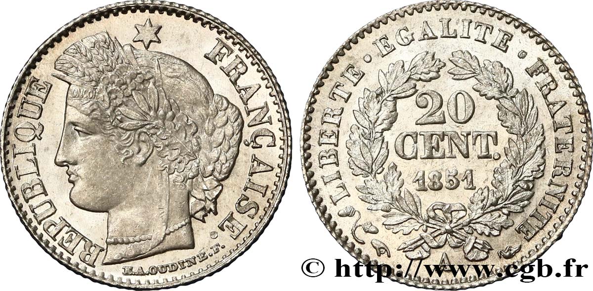 20 centimes Cérès, IIe République 1851 Paris F.146/7 SPL63 