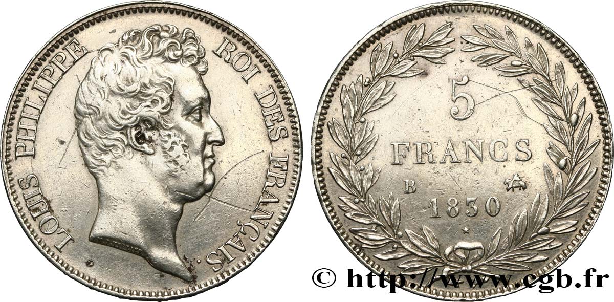 5 francs type Tiolier sans le I, tranche en creux 1830  Rouen F.313/2 TTB 