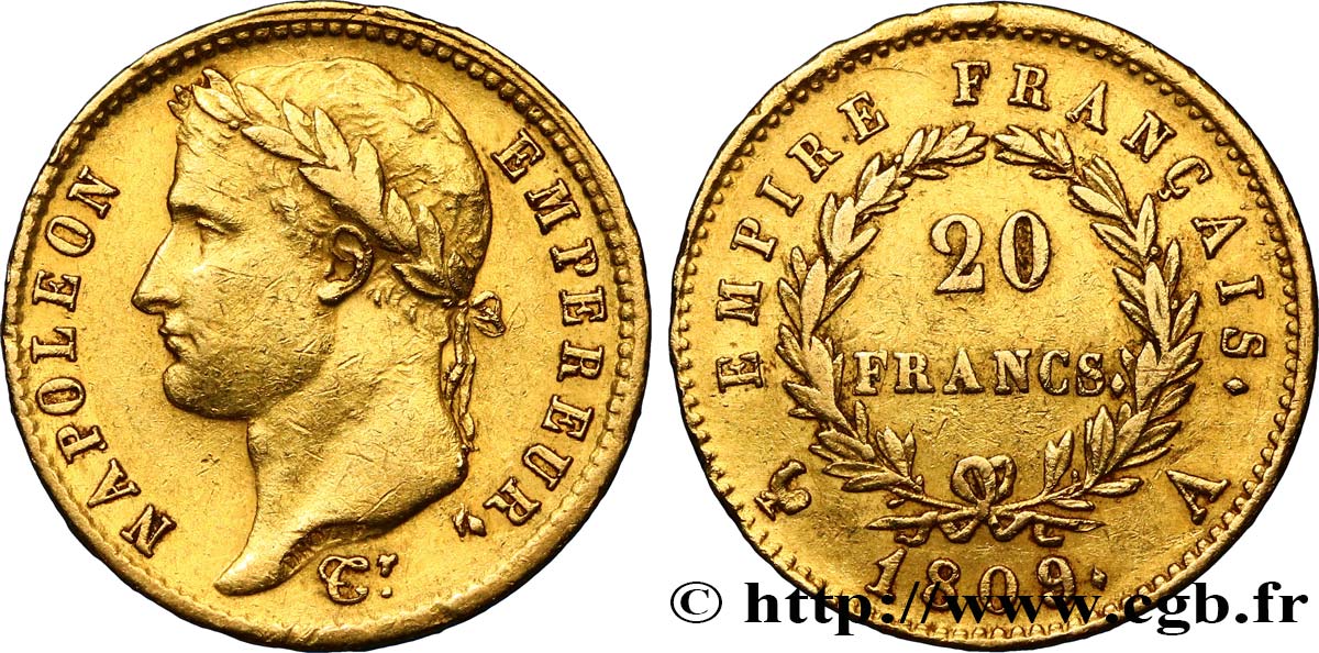 20 francs or Napoléon tête laurée, Empire français 1809 Paris F.516/1 TTB45 