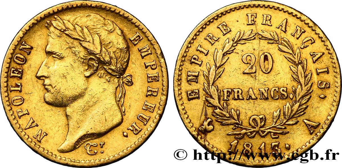 20 francs or Napoléon tête laurée, Empire français 1813 Paris F.516/30 XF40 