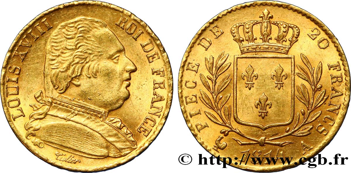 20 francs or Louis XVIII, buste habillé 1814 Paris F.517/2 AU58 
