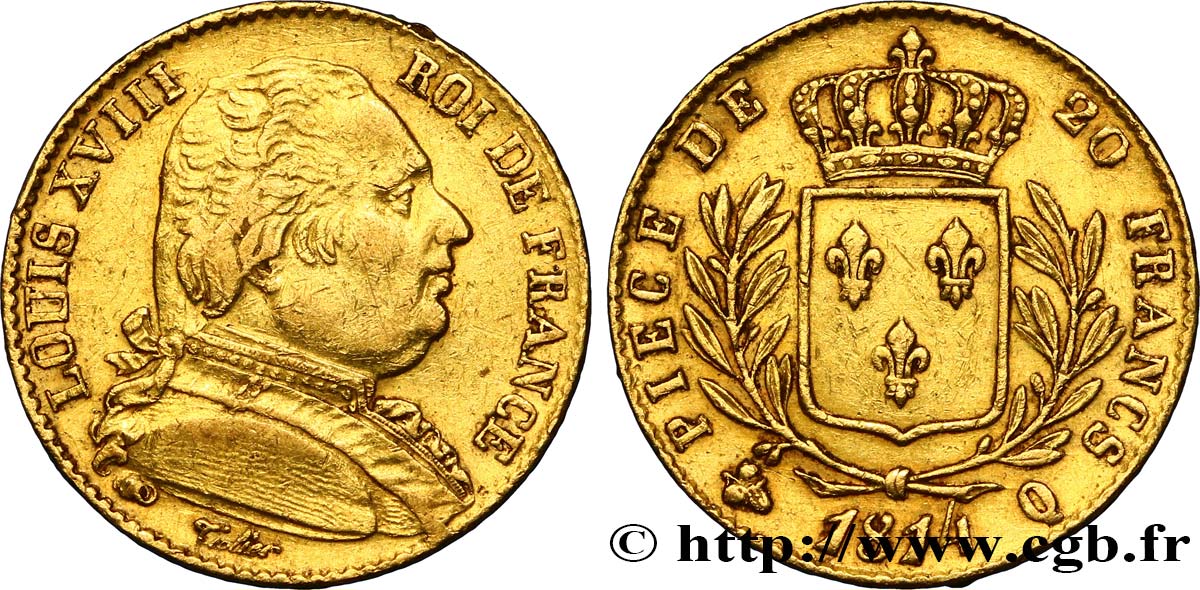 20 francs or Louis XVIII, buste habillé 1814 Perpignan F.517/7 XF45 