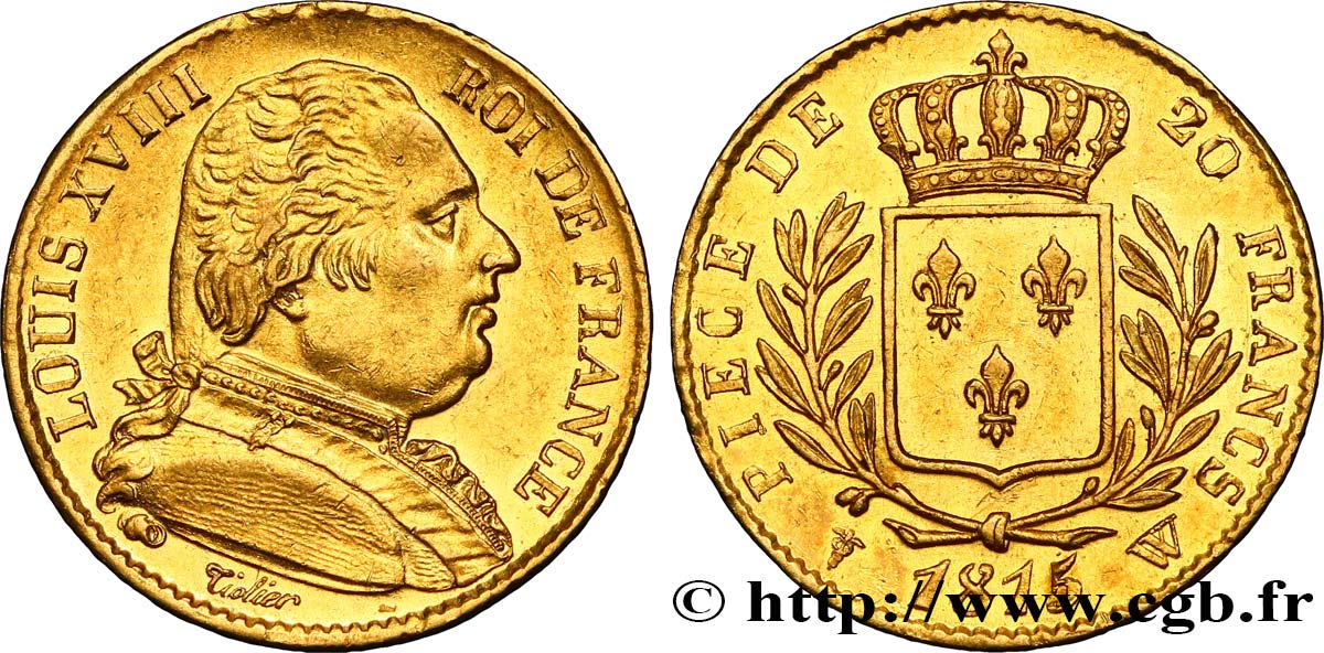 20 francs or Louis XVIII, buste habillé 1815 Lille F.517/18 AU50 