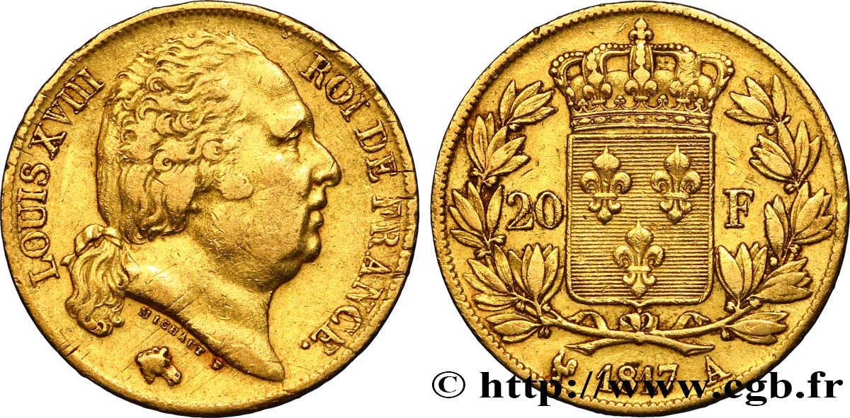 20 francs or Louis XVIII, tête nue 1817 Paris F.519/5 TB35 