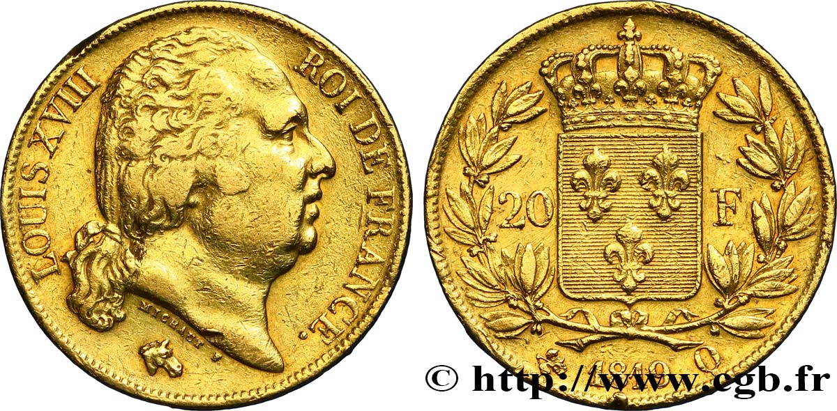 20 francs or Louis XVIII, tête nue 1819 Perpignan F.519/16 TB+ 
