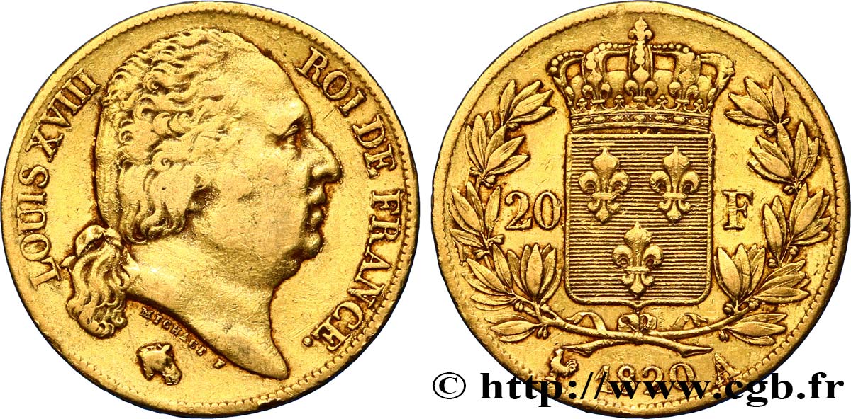 20 francs or Louis XVIII, tête nue 1820 Paris F.519/19 TB30 