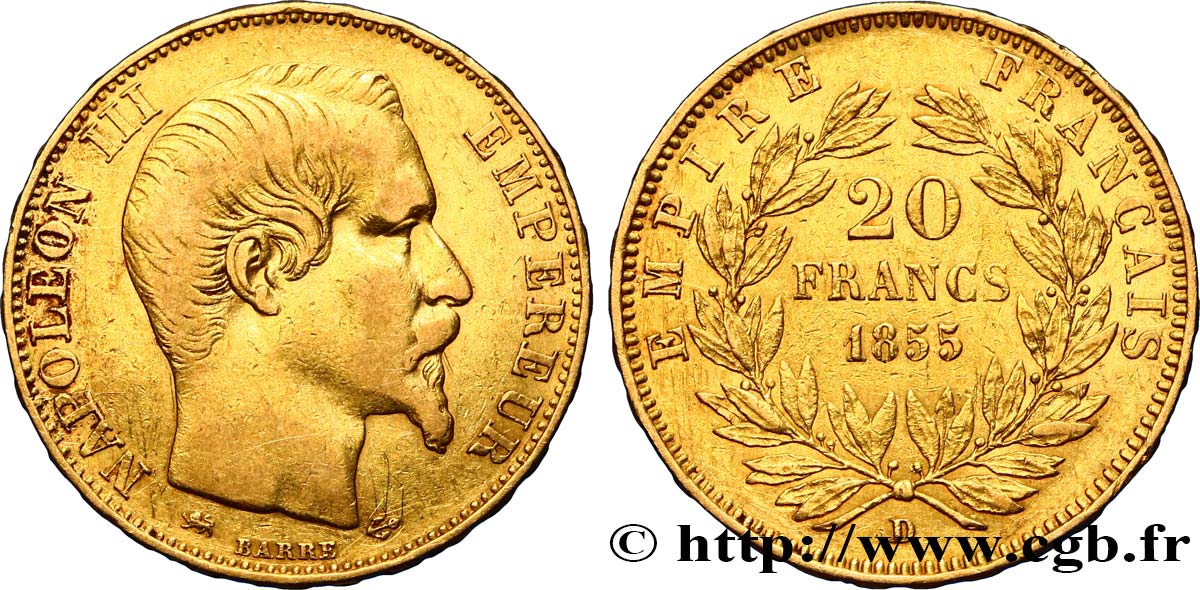 20 francs or Napoléon III, tête nue 1855 Lyon F.531/7 TB35 