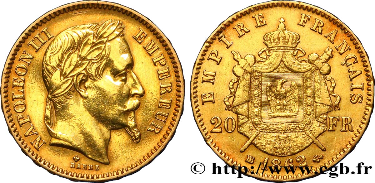 20 francs or Napoléon III, tête laurée 1862 Strasbourg F.532/5 XF 