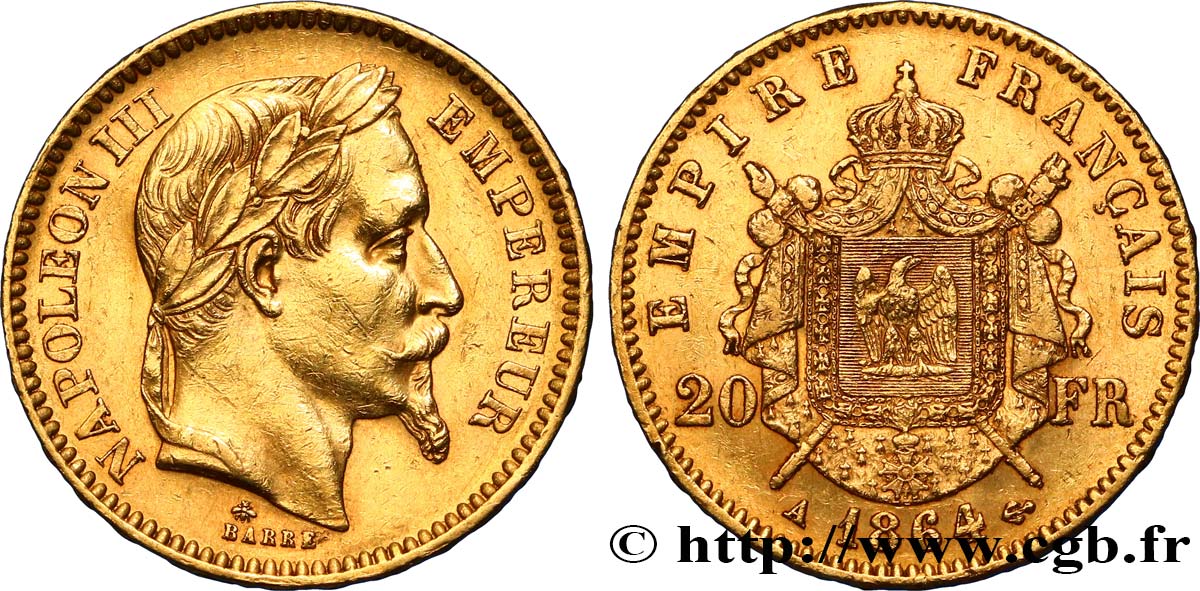 20 francs or Napoléon III, tête laurée 1864 Paris F.532/8 TTB48 